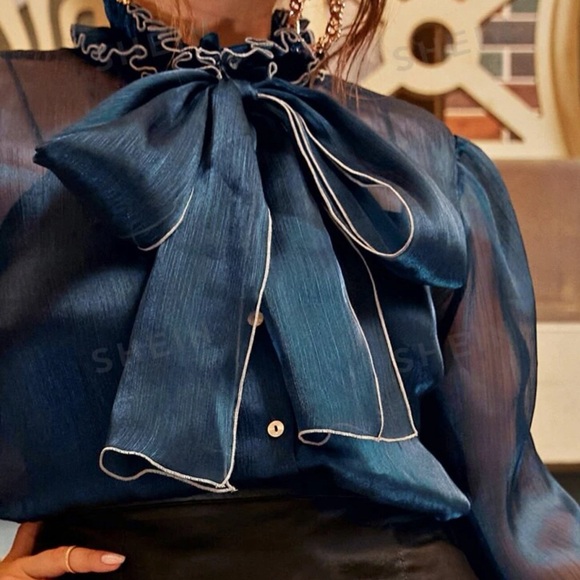 Shein Sheer blouse, long sleeves, Royal blue, women Plus size XL - Picture 2 of 11